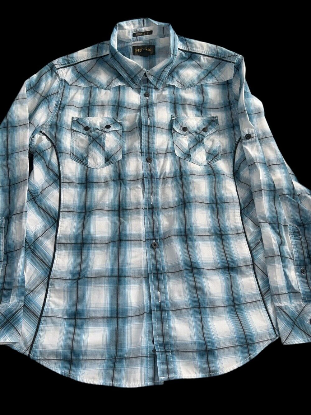 Helix Shirt Mens Large Black Blue and White Plaid Button Up